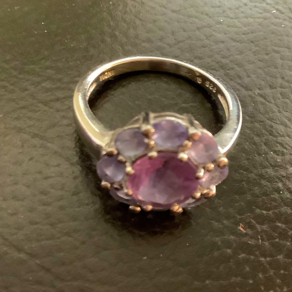 Silver Ring With Round Amethyst Center Stone and Pale Lavendar Stones